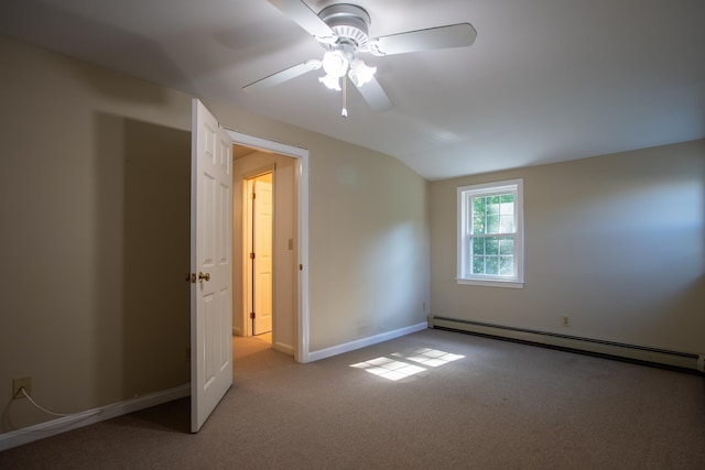 144 Packers Falls Rd, Durham, NH 03824 - unfurnished bedroom featuring baseboard heating, carpet flooring, vaulted ceiling, and a ceiling fan