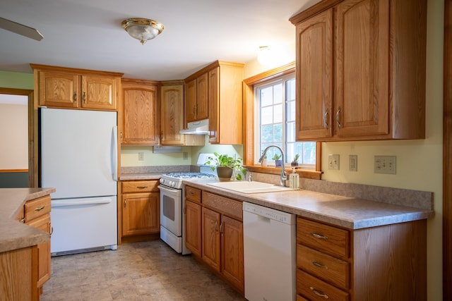 144 Packers Falls Rd, Durham, NH 03824 - kitchen with white appliances, under cabinet range hood, and brown cabinetry