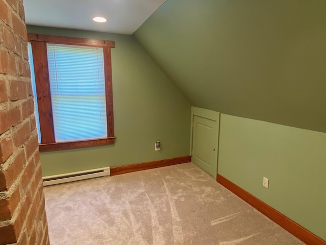 34 Dewey St, Springfield, VT 05156 - bonus room featuring a baseboard radiator, lofted ceiling, carpet flooring, and recessed lighting