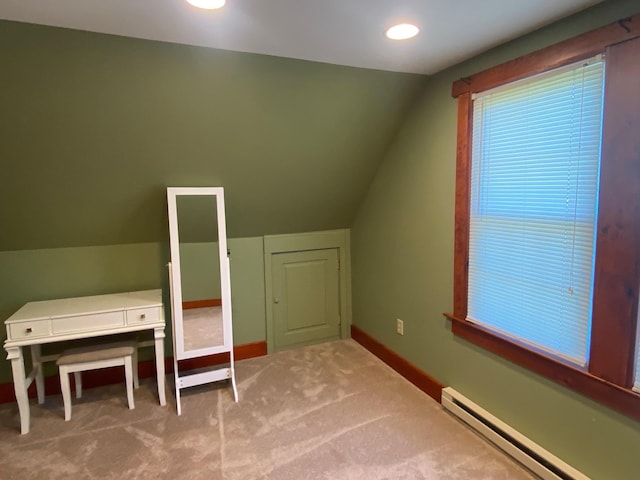 34 Dewey St, Springfield, VT 05156 - bonus room with a baseboard heating unit, lofted ceiling, carpet, and recessed lighting