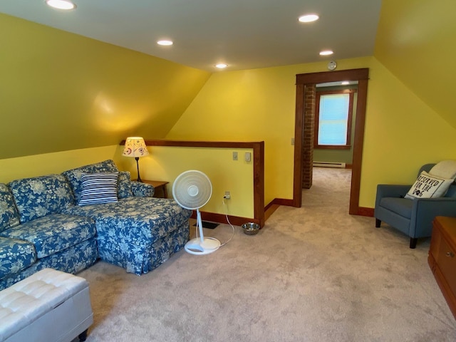 34 Dewey St, Springfield, VT 05156 - living area with carpet, lofted ceiling, a baseboard radiator, and recessed lighting