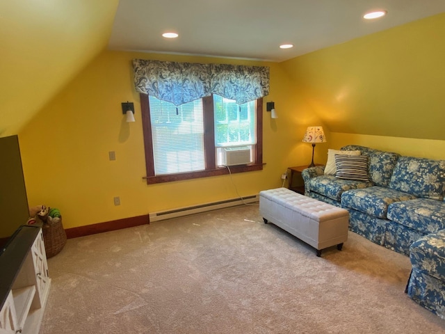 34 Dewey St, Springfield, VT 05156 - carpeted living room featuring a baseboard radiator, vaulted ceiling, recessed lighting, and cooling unit