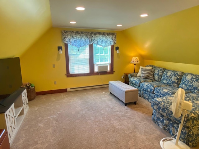 34 Dewey St, Springfield, VT 05156 - living room featuring a baseboard heating unit, lofted ceiling, cooling unit, carpet, and recessed lighting