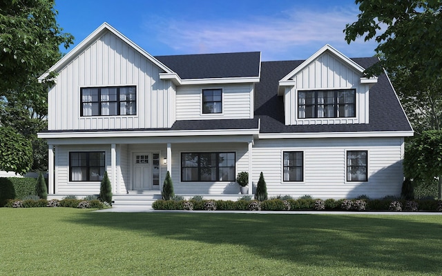 14 Shannon Rd, Salem, NH 03079 - modern farmhouse featuring board and batten siding, a porch, a front yard, and a shingled roof