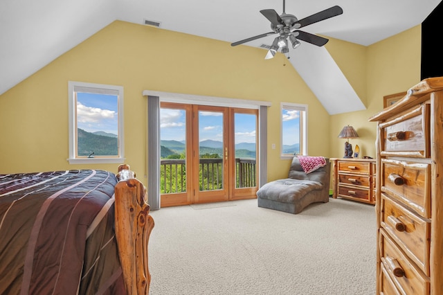 53 Ammonoosuc Dr, Bartlett, NH 03812 - carpeted bedroom featuring vaulted ceiling, access to exterior, a mountain view, and a ceiling fan