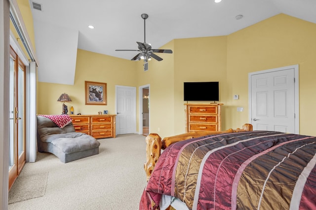 53 Ammonoosuc Dr, Bartlett, NH 03812 - bedroom with carpet floors, high vaulted ceiling, recessed lighting, and a ceiling fan