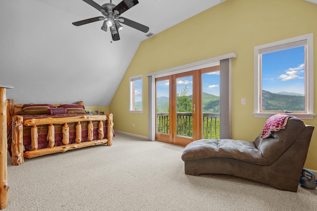 53 Ammonoosuc Dr, Bartlett, NH 03812 - bedroom with access to exterior, carpet flooring, lofted ceiling, and a mountain view