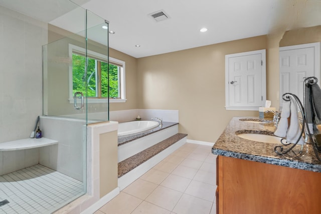 53 Ammonoosuc Dr, Bartlett, NH 03812 - full bathroom featuring a shower stall, a bath, double vanity, tile patterned flooring, and recessed lighting