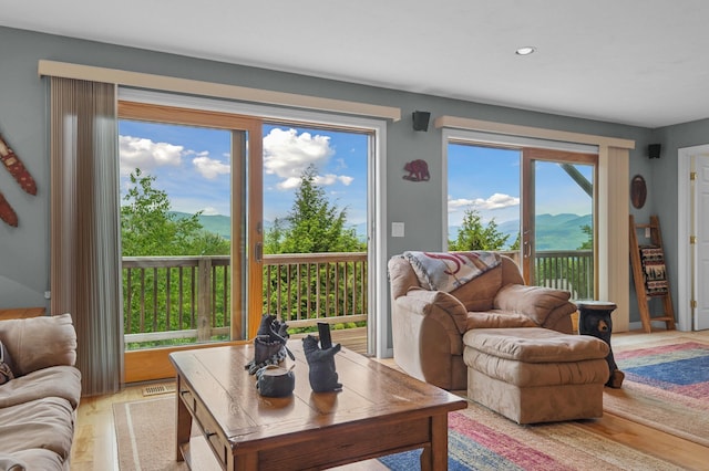 53 Ammonoosuc Dr, Bartlett, NH 03812 - living room featuring light wood finished floors, a mountain view, and recessed lighting