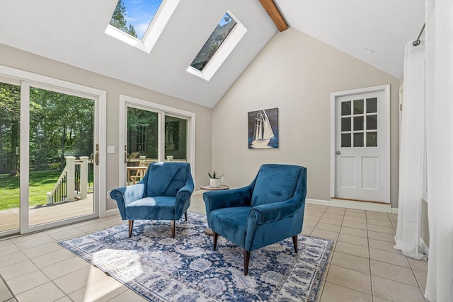 5 Catskill Dr, Merrimack, NH 03054 - living area featuring light tile patterned flooring, beam ceiling, a skylight, and high vaulted ceiling