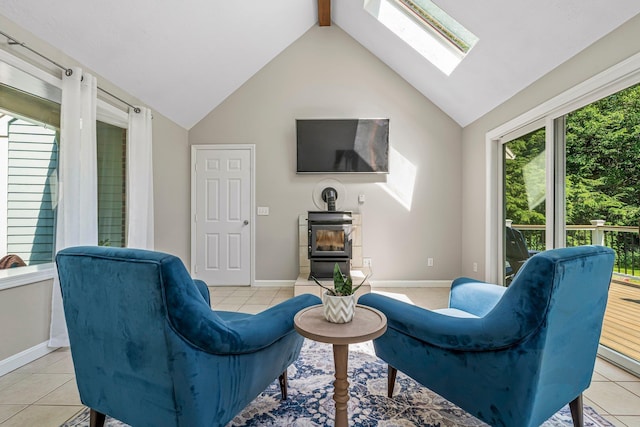 5 Catskill Dr, Merrimack, NH 03054 - living room with a skylight, light tile patterned flooring, and a wood stove