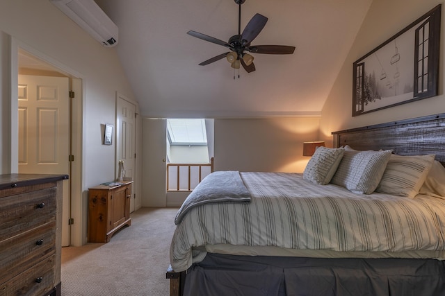 65 Styles Branch Rd Unit 819B, Stratton, VT 05155 - bedroom with lofted ceiling, a wall unit AC, light colored carpet, and ceiling fan