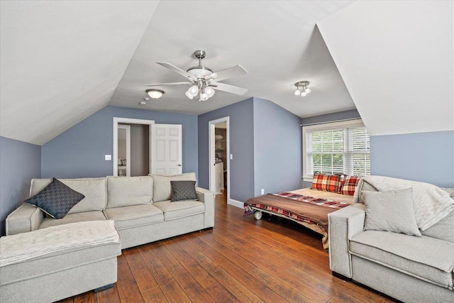 23 Surrey Ln, Laconia, NH 03246 - living room with lofted ceiling, dark wood-type flooring, and ceiling fan