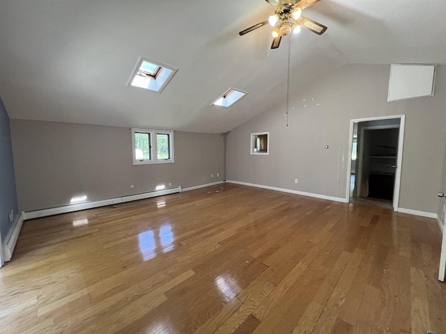 2 Kimball Ter, Danville, NH 03819 - additional living space with a baseboard radiator, a skylight, a ceiling fan, lofted ceiling, and light wood-type flooring