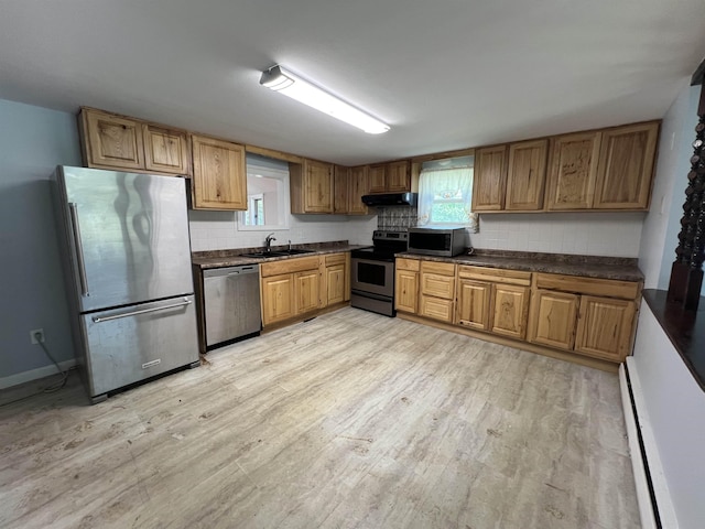2 Kimball Ter, Danville, NH 03819 - kitchen featuring stainless steel appliances, dark countertops, under cabinet range hood, and backsplash