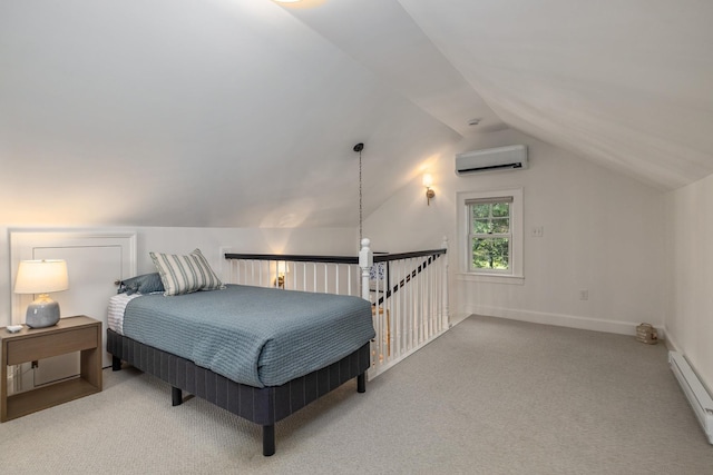 45 Atlantic Ave, North Hampton, NH 03862 - bedroom with a wall mounted air conditioner, carpet flooring, a baseboard radiator, and lofted ceiling