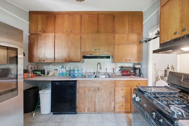 16 Brierbrook Ln, Springfield, VT 05156 - kitchen with black appliances, under cabinet range hood, light tile patterned floors, light countertops, and brown cabinets