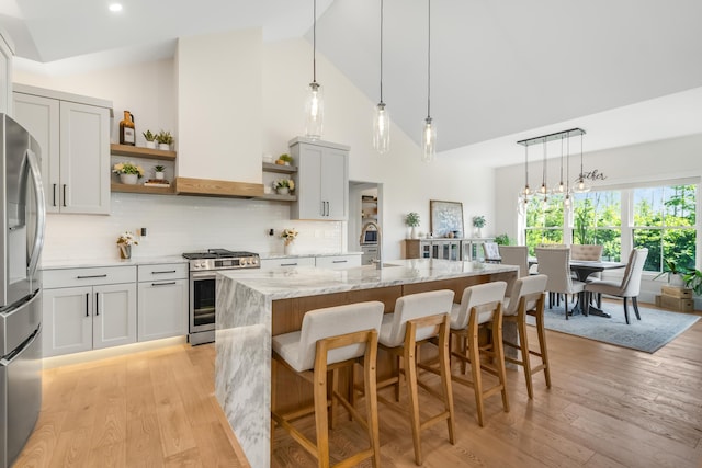 422 Blane Cir Unit 50, Pembroke, NH 03275 - kitchen featuring stainless steel appliances, open shelves, light wood-style floors, light stone countertops, and high vaulted ceiling