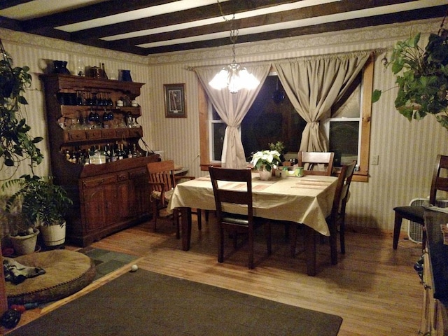 5559 W Creek Rd, Brandon, VT 05733 - dining space featuring wood finished floors, a chandelier, wallpapered walls, and beamed ceiling
