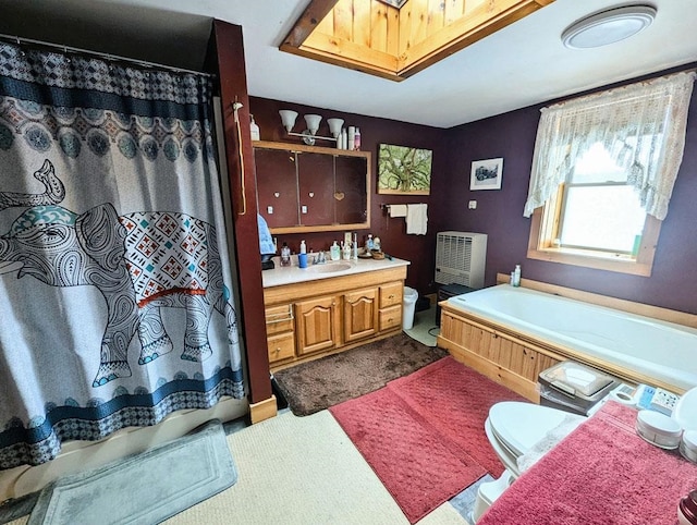 5559 W Creek Rd, Brandon, VT 05733 - bathroom with heating unit, vanity, a bath, and curtained shower