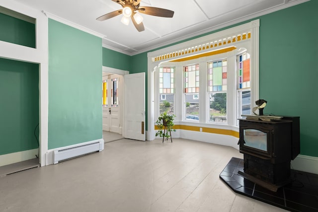 10 Prospect St, Somersworth, NH 03878 - living area featuring a baseboard radiator, a wood stove, a ceiling fan, and crown molding