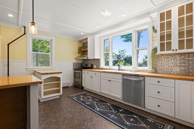 10 Prospect St, Somersworth, NH 03878 - kitchen featuring butcher block counters, appliances with stainless steel finishes, open shelves, white cabinets, and crown molding
