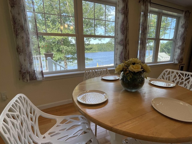 207 Long Pond Rd, Danville, NH 03819 - dining space featuring healthy amount of natural light, wood finished floors, and a water view