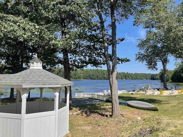 207 Long Pond Rd, Danville, NH 03819 - view of grassy yard with a water view, a gazebo, and a view of trees