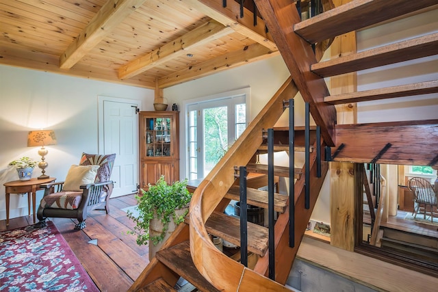 371 W Tinmouth Rd, Pawlet, VT 05761 - stairway with a wooden ceiling with exposed beams, wood-type flooring, and healthy amount of natural light