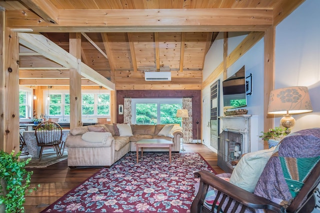 371 W Tinmouth Rd, Pawlet, VT 05761 - living room featuring a wood ceiling with exposed beams, an AC wall unit, hardwood / wood-style flooring, a fireplace, and plenty of natural light