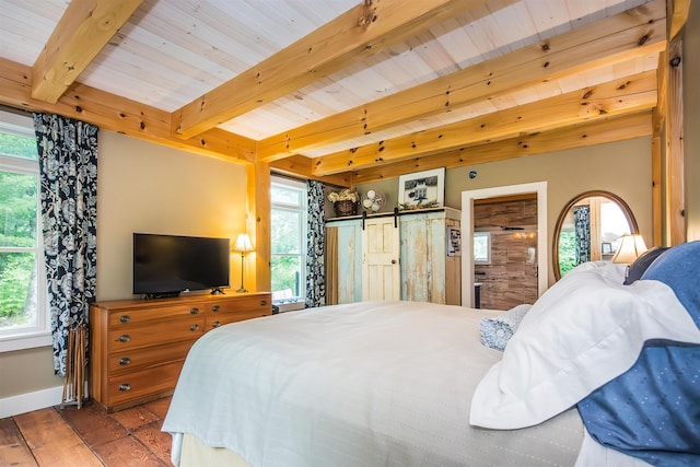 371 W Tinmouth Rd, Pawlet, VT 05761 - bedroom featuring wood finished floors, multiple windows, and a wood ceiling with exposed beams