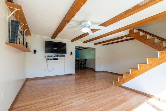 4B Pine Isle Dr Unit B, Derry, NH 03038 - unfurnished living room with beamed ceiling, stairs, ceiling fan, and wood finished floors