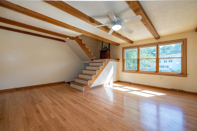 4B Pine Isle Dr Unit B, Derry, NH 03038 - unfurnished living room featuring beam ceiling, light wood-style flooring, stairs, and a ceiling fan