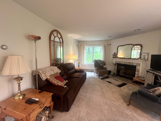 8B Deer Crk, Dover, VT 05356 - living area with a tiled fireplace and carpet