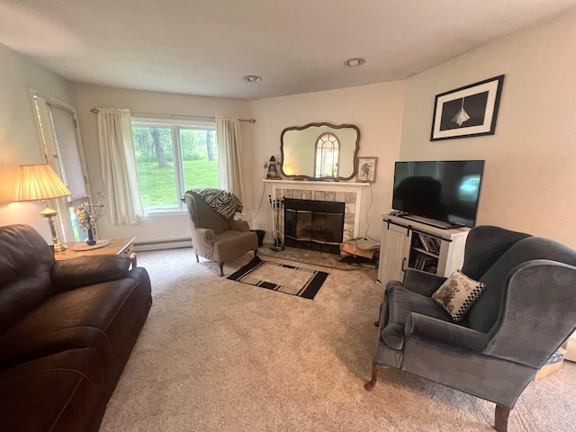 8B Deer Crk, Dover, VT 05356 - carpeted living area featuring a baseboard radiator and a tile fireplace