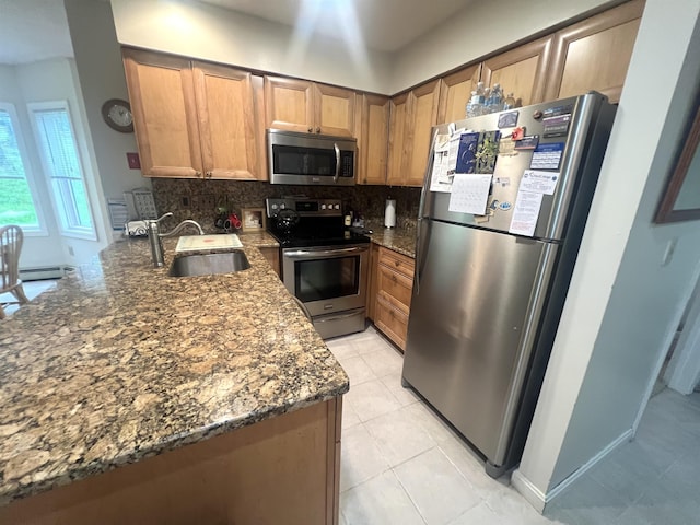 8B Deer Crk, Dover, VT 05356 - kitchen with appliances with stainless steel finishes, decorative backsplash, a peninsula, dark stone counters, and brown cabinets