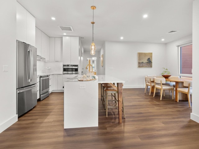 125 Cambrian Way Unit 610, Burlington, VT 05401 - kitchen featuring stainless steel appliances, modern cabinets, a kitchen island with sink, white cabinets, and dark wood-style floors