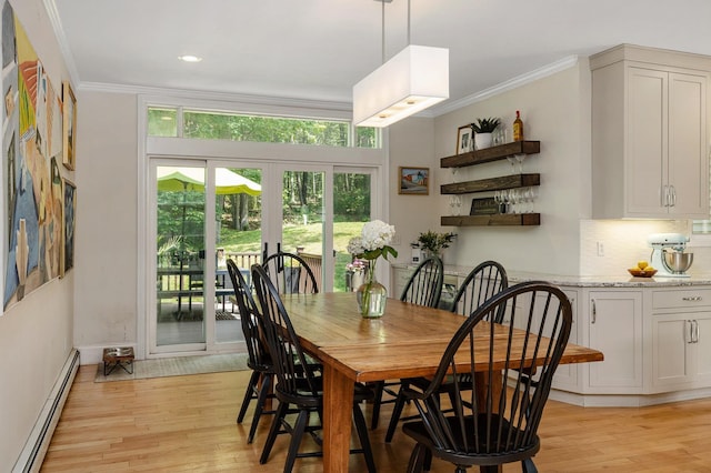 201 Walker Bungalow Rd, Portsmouth, NH 03801 - dining space featuring a baseboard heating unit, light wood finished floors, ornamental molding, and recessed lighting