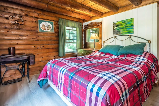 30 W Rd, Hubbardton, VT 05743 - bedroom featuring a wooden ceiling with exposed beams, wood finished floors, and log walls