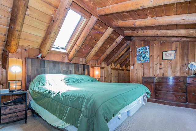 30 W Rd, Hubbardton, VT 05743 - bedroom with a skylight, wood ceiling, carpet flooring, and wood walls