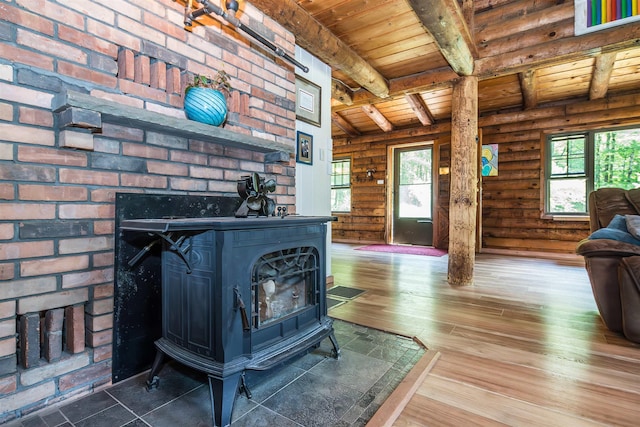 30 W Rd, Hubbardton, VT 05743 - living area featuring a wood stove, a wooden ceiling with exposed beams, and hardwood / wood-style flooring