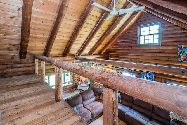 30 W Rd, Hubbardton, VT 05743 - interior space featuring wooden ceiling, rustic walls, hardwood / wood-style floors, and an upstairs landing