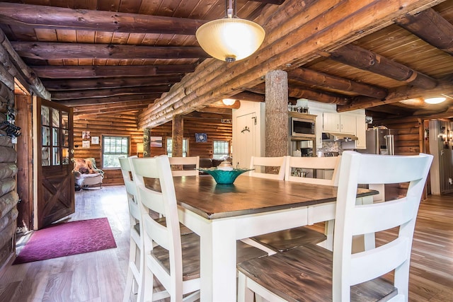 30 W Rd, Hubbardton, VT 05743 - dining space with log walls, a wood ceiling with exposed beams, and wood finished floors