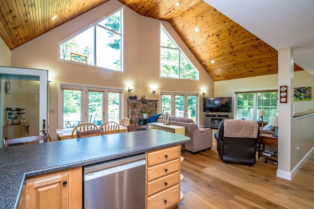 11 Captain Lovewell Ln, Ossipee, NH 03814 - kitchen featuring stainless steel dishwasher, high vaulted ceiling, dark countertops, light wood finished floors, and wooden ceiling