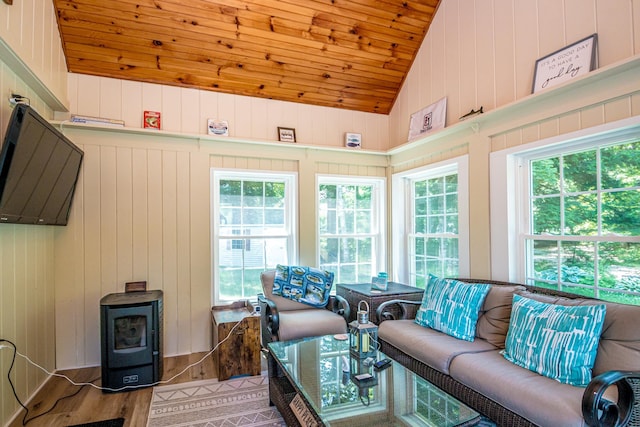 11 Captain Lovewell Ln, Ossipee, NH 03814 - living room featuring lofted ceiling, wooden ceiling, a wood stove, and wood finished floors
