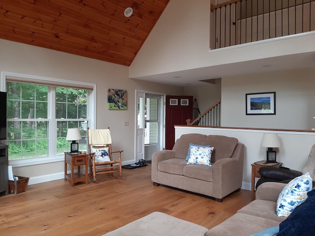 11 Captain Lovewell Ln, Ossipee, NH 03814 - living area featuring light wood finished floors, high vaulted ceiling, stairs, and wood ceiling