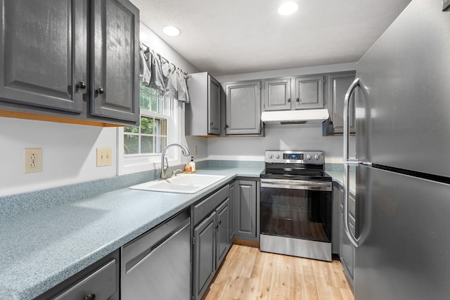 33 Beech Hill Ave, Manchester, NH 03103 - kitchen featuring appliances with stainless steel finishes, ventilation hood, gray cabinets, recessed lighting, and light wood-style flooring