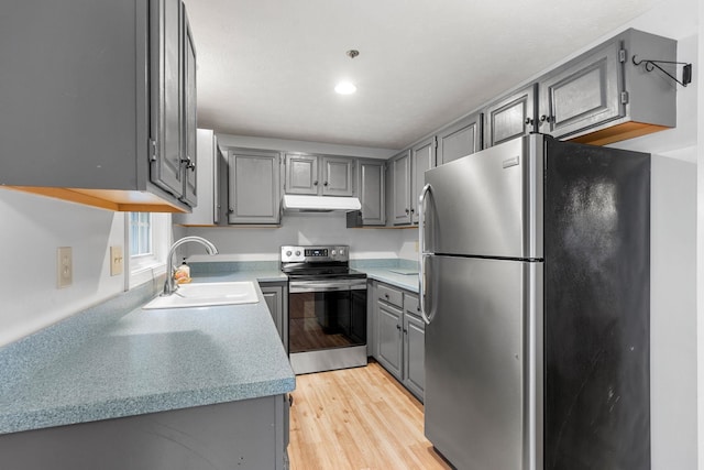 33 Beech Hill Ave, Manchester, NH 03103 - kitchen featuring appliances with stainless steel finishes, gray cabinetry, under cabinet range hood, light wood-type flooring, and light countertops