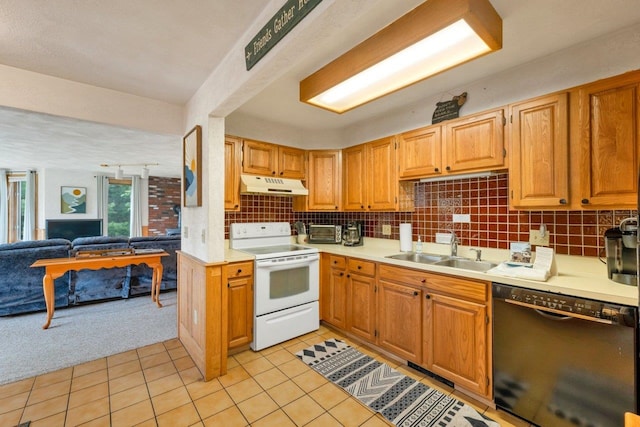 F22 Christmas Mountain Rd Unit 22, Bartlett, NH 03812 - kitchen featuring dishwasher, electric stove, under cabinet range hood, light countertops, and light colored carpet