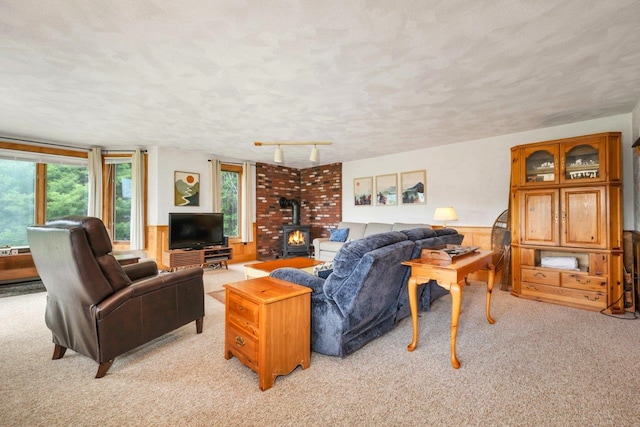F22 Christmas Mountain Rd Unit 22, Bartlett, NH 03812 - living room with a wood stove, light carpet, a textured ceiling, and a wainscoted wall